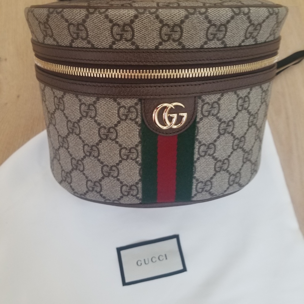 Gucci Brown GG Supreme Cosmetic Case with Green and Red Web Stripe